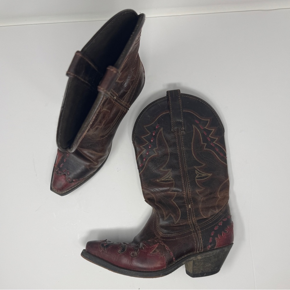 Vintage Brown Leather and Red Detail Cowboy Boots Size 6